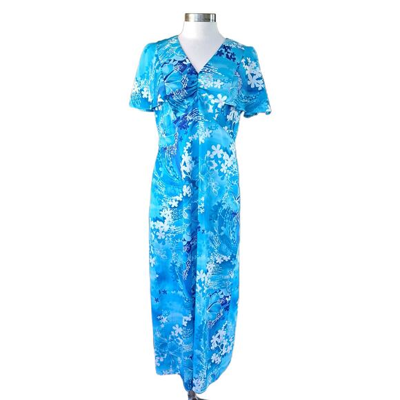 Vintage Holo-Holo Hawaiian Maxi Dress Mumu Turquoise Plumeria Flutter Sleeve